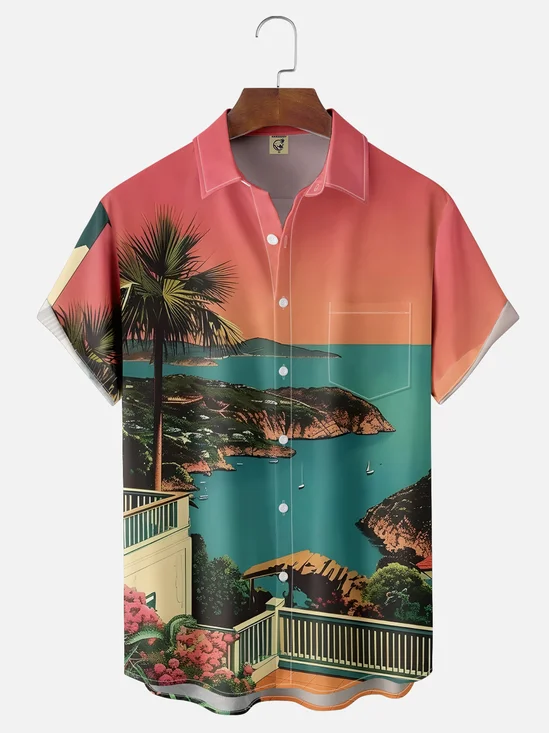 Hardaddy X Artist Clayziq Moisture-wicking Beach Building Scenery Chest Pocket Hawaiian Shirt
