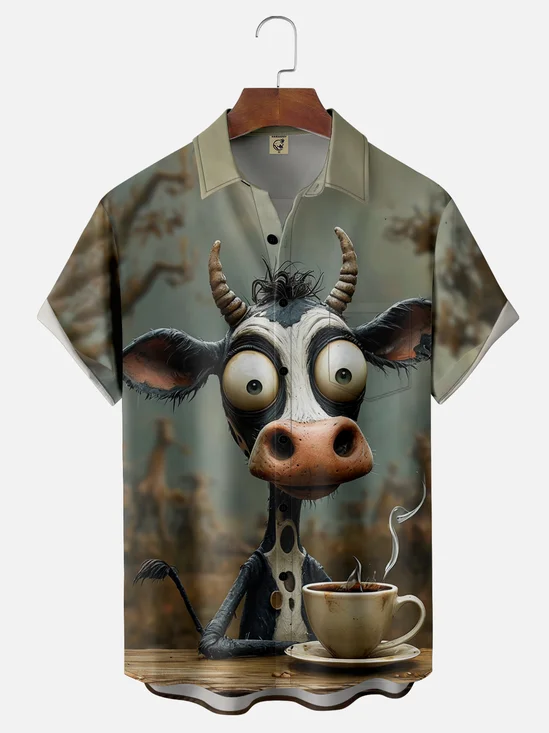 Moisture-wicking Coffee Drinking Cow Chest Pocket Hawaiian Shirt