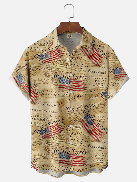 Moisture Wicking Independence Day American Flag Chest Pocket Hawaiian Shirt