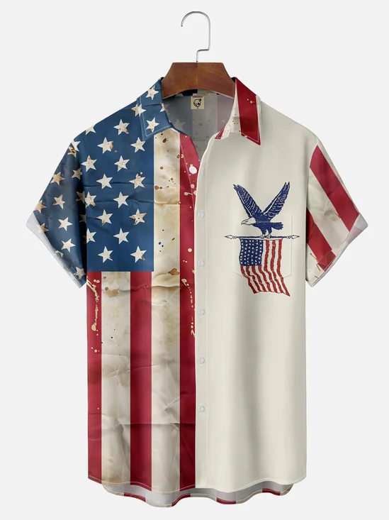 Moisture-wicking American Flag Independence Day Chest Pocket Casual Shirt