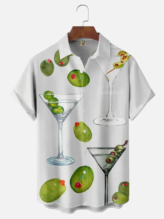 Moisture-wicking Fun Cocktail Art Chest Pocket Hawaiian Shirt