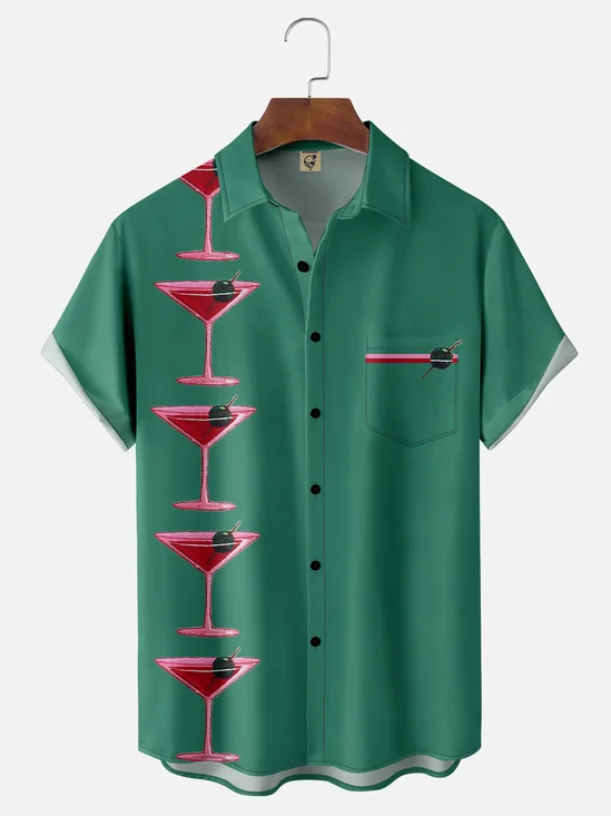 Moisture-wicking Fun Cocktail Art Chest Pocket Bowling Shirt