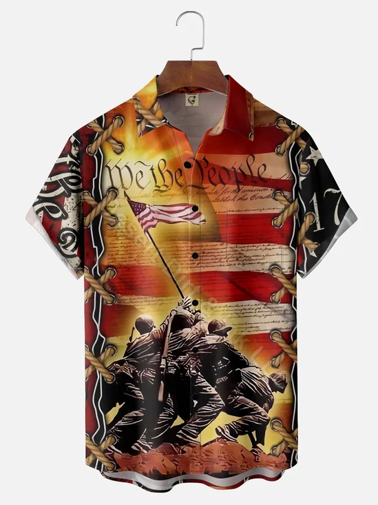 Moisture Wicking American Flag Chest Pocket Hawaiian Shirt