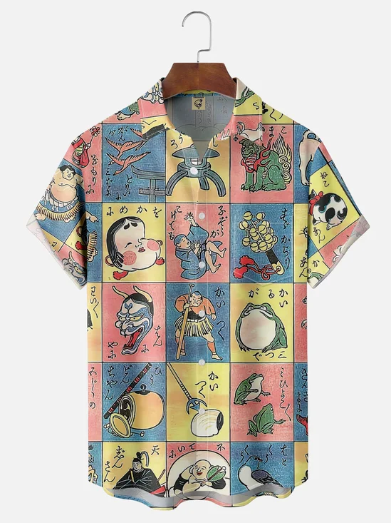 Moisture-wicking Vintage Japanese Painting Chest Pocket Casual Shirt