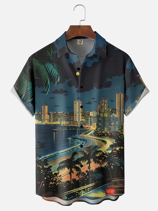 Hardaddy X Artist Clayziq Moisture-wicking Beach Building Scenery Chest Pocket Hawaiian Shirt