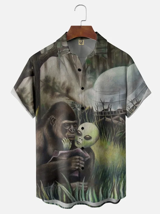 Moisture Wicking Alien Orangutan Chest Pocket Hawaiian Shirt