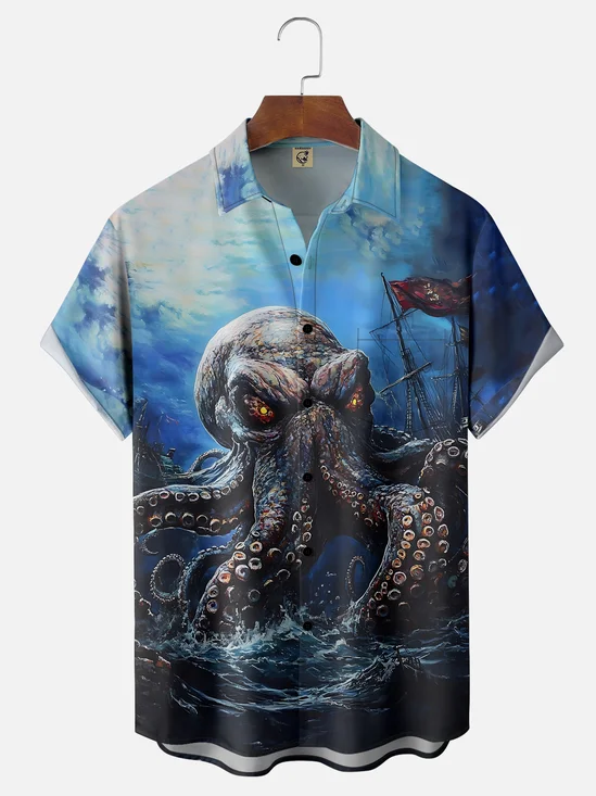 Moisture-wicking Octopus Chest Pocket Hawaiian Shirt