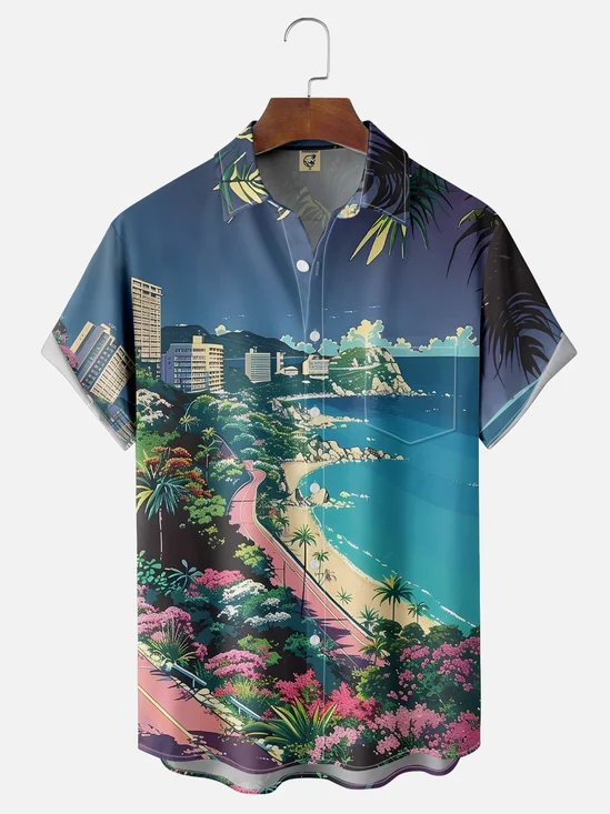 Hardaddy X Artist Clayziq Moisture-wicking Beach Building Scenery Chest Pocket Hawaiian Shirt