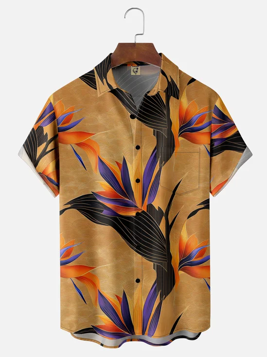 Moisture-wicking Bird of Paradise Plant Chest Pocket Hawaiian Shirt