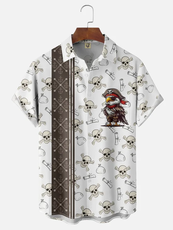 Tall Size Moisture-wicking Pirate Chest Pocket Bowling Shirt