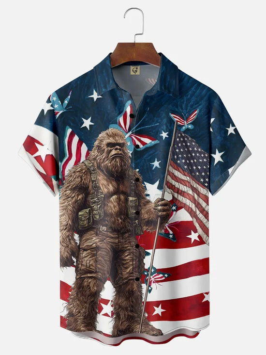 Tall Size Moisture-wicking American Flag Bigfoot Chest Pocket Casual Shirt