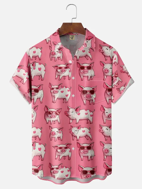 Tall Size Moisture-wicking Fly Pigs Chest Pocket Casual Shirt