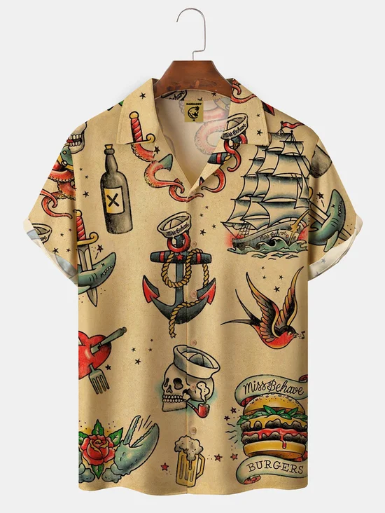 Tall Size Mens Hawaiian Sailing Print Camp Collar Loose Short Sleeve Funky Hawaiian Shirt