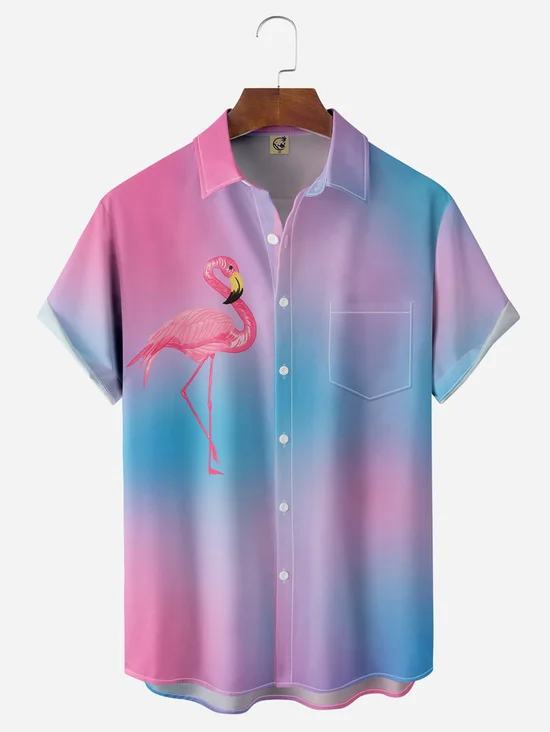 Tall Size Moisture-wicking Gradient Color Flamingo Chest Pocket Hawaiian Shirt