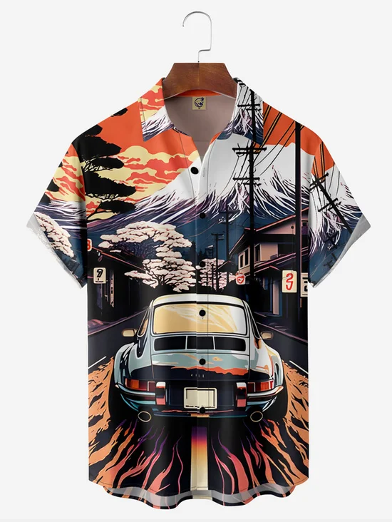 Tall Size Moisture-wicking Vintage Car Chest Pocket Casual Shirt