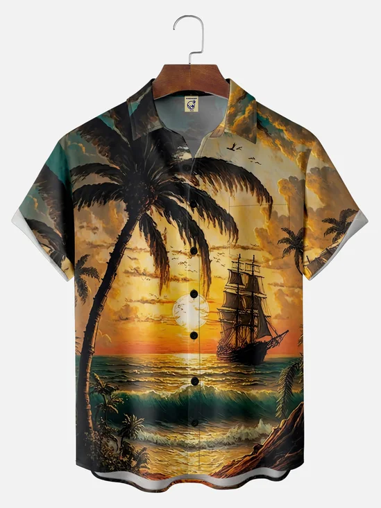 Big Size Moisture-wicking Palm Tree Chest Pocket Hawaiian Shirt