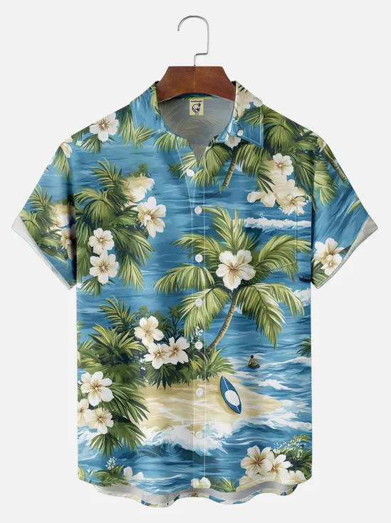 Big Size Moisture-wicking Tropical Hibiscus Flower Chest Pocket Hawaiian Shirt