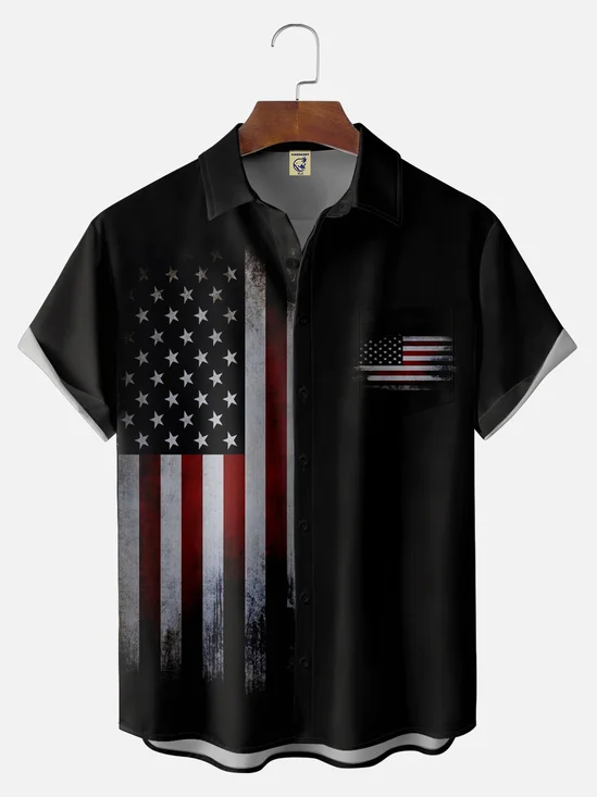 Big Size Moisture-wicking American Flag Chest Pocket Bowling Shirt