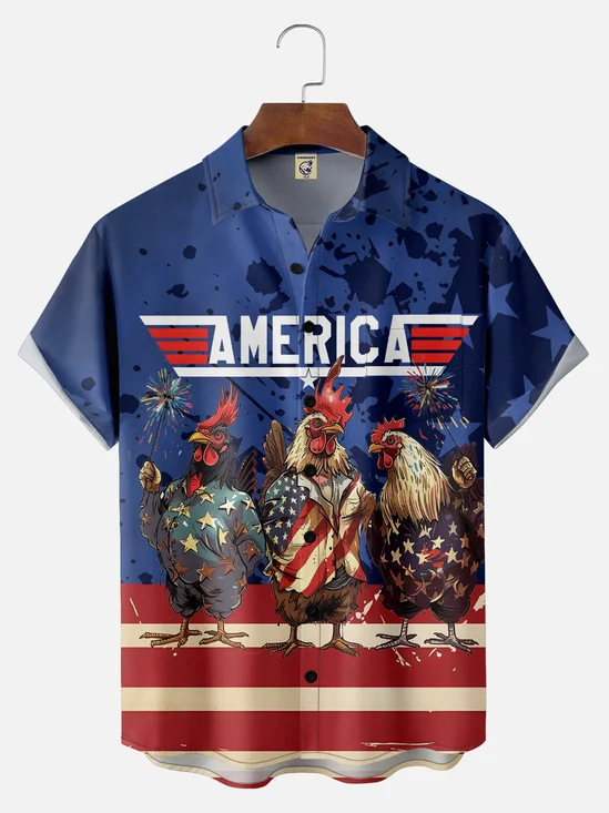 Big Size Moisture-wicking Independence Day Rooster American Flag Chest Pocket Casual Shirt