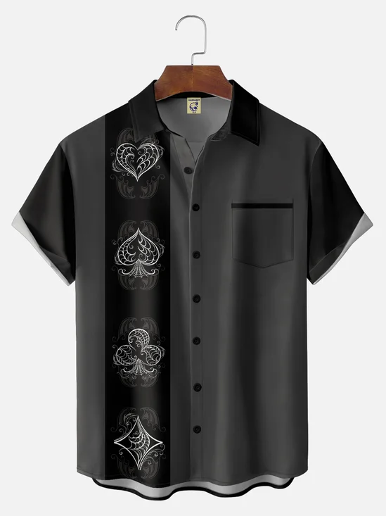 Big Size Moisture-wicking Poker Symbols Chest Pocket Bowling Shirt