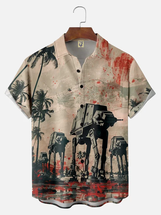 Big Size Moisture-wicking Star Robot Chest Pocket Hawaiian Shirt