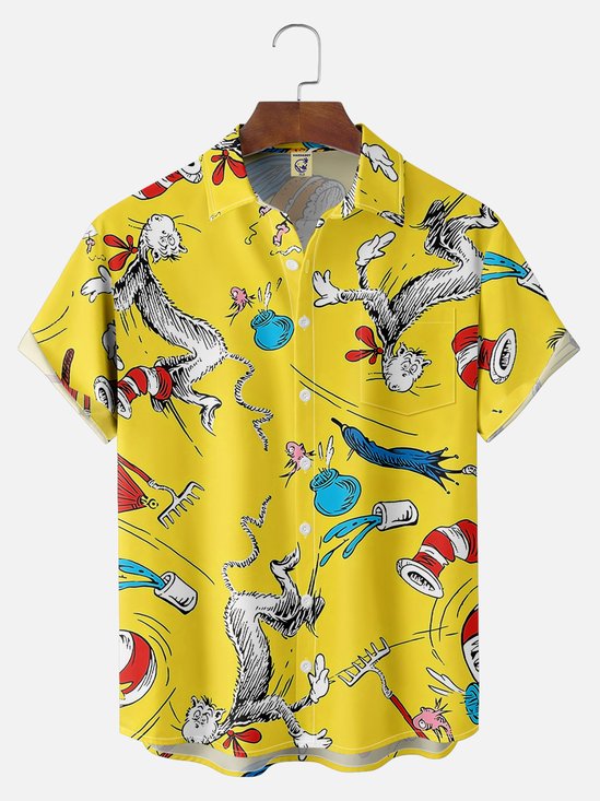 Big Size Moisture-wicking Vintage Classic Seuss Art Dr. Chest Pocket Casual Shirt