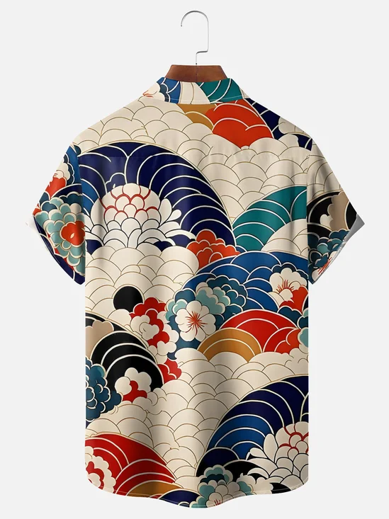 Tall Size Moisture-wicking Vintage Japanese Floral Wave Ukiyo-e Art Chest Pocket Casual Shirt