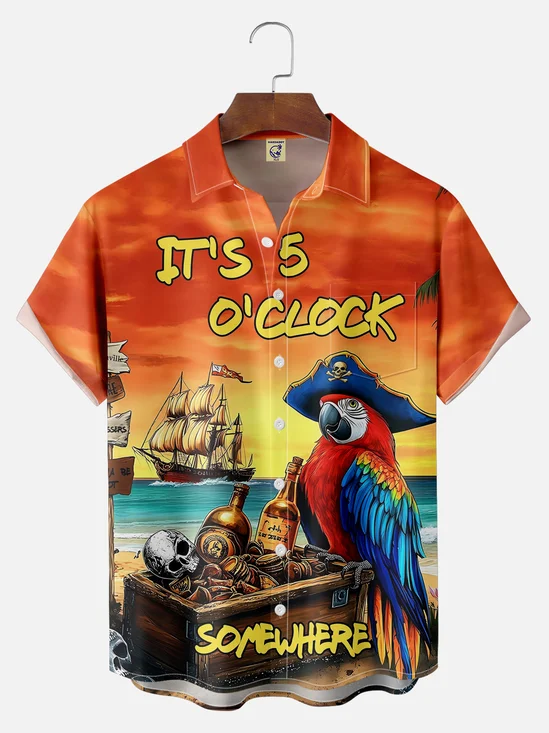 Big Size Moisture Wicking 5 O'Clock Hawaiian Parrot Chest Pocket Casual Shirt