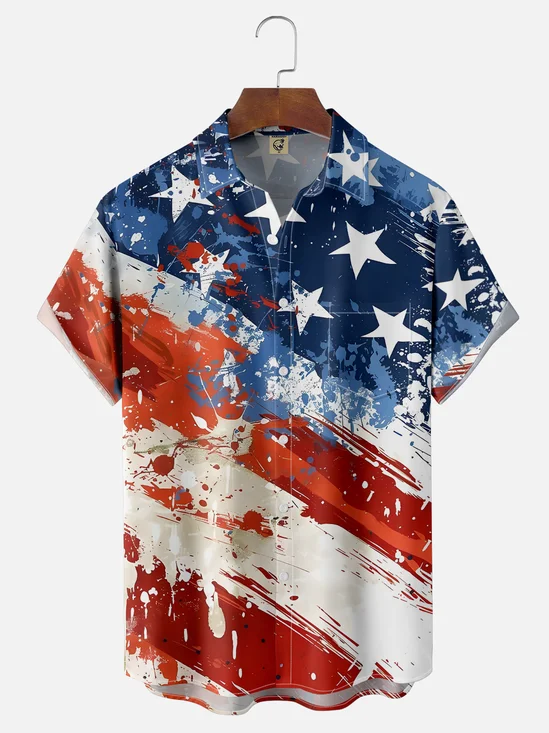Tall Size Moisture-wicking American Flag Oil Painting Ink Art Chest Pocket Casual Shirt