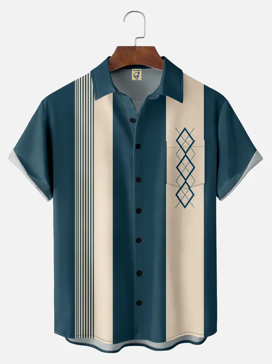 Big Size Moisture-wicking Geomatric Chest Pocket Bowling Shirt