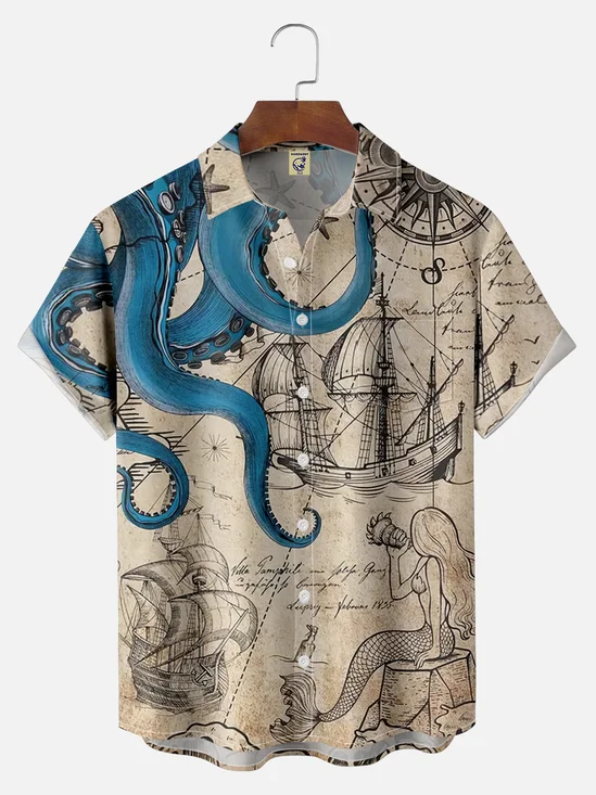 Big Size Moisture Wicking Hawaiian Octopus Map Chest Pocket Casual Shirt