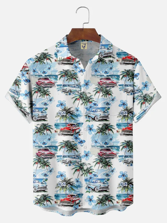 Big Size Moisture-wicking Beach Retro Car Chest Pocket Hawaiian Shirt