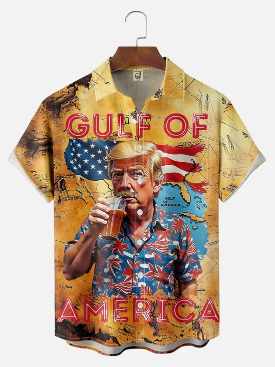 Big Size Moisture Wicking Gulf Of American Trump Chest Pocket Hawaiian Shirt