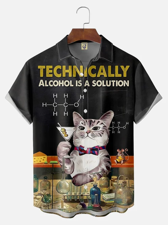 Big Size Moisture-wicking Chemistry Cat Bartender Cocktail Chest Pocket Hawaiian Shirt