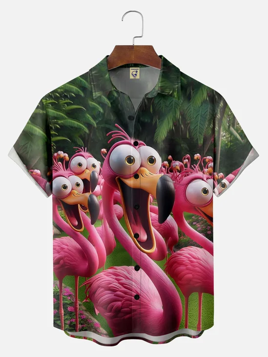 Big Size Moisture-wicking Flamingo Funny Shock Art Chest Pocket Hawaiian Shirt