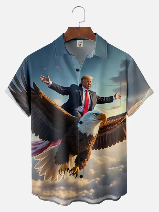 Big Size Moisture-wicking Trump Eagle Patriotic Chest Pocket Casual Shirt