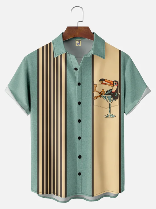 Big Size Moisture-wicking Toucan Parrot Chest Pocket Bowling Shirt