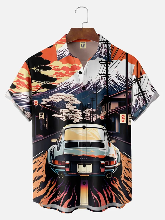 Big Size Moisture-wicking Vintage Car Chest Pocket Hawaiian Shirt