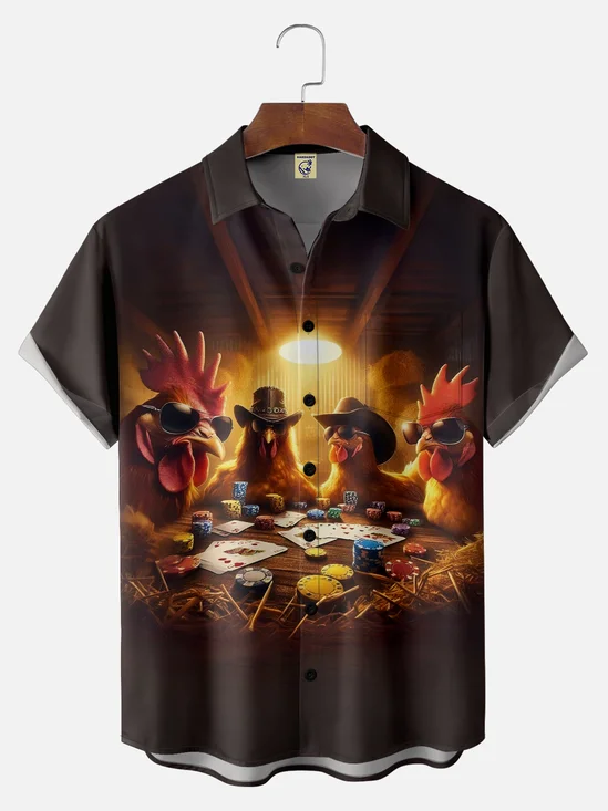 Big Size Moisture-wicking Rooster Poker Chip Farm Chest Pocket Casual Shirt