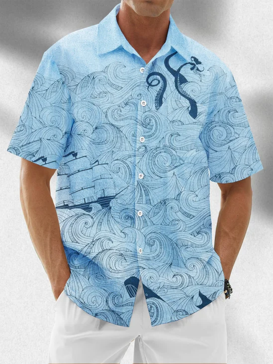Moisture Wicking Ocean Octopus Chest Pocket Hawaiian Shirt