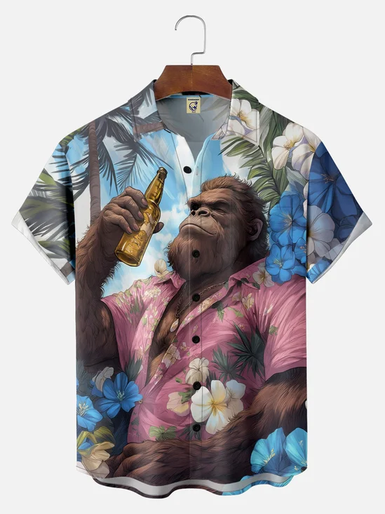 Big Size Moisture-wicking Tropical Chimpanzees Chest Pocket Hawaiian Shirt