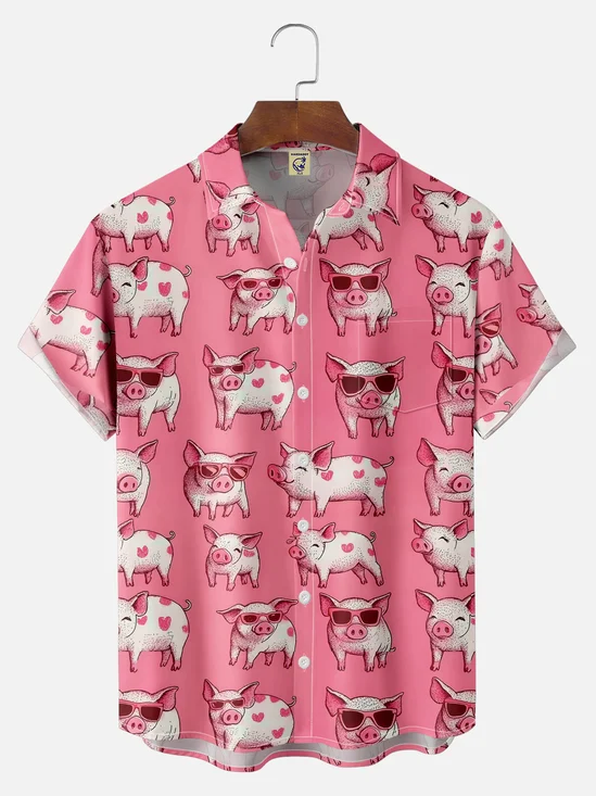 Big Size Moisture-wicking Fly Pigs Chest Pocket Casual Shirt
