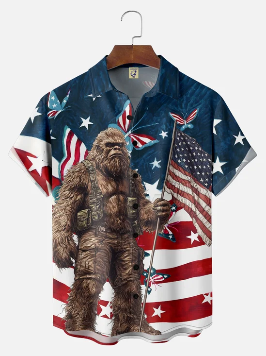 Big Size Moisture-wicking American Flag Bigfoot Chest Pocket Casual Shirt