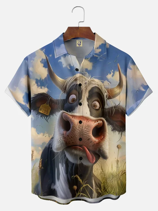 Big Size Moisture-wicking Dairy Cow Chest Pocket Hawaiian Shirt