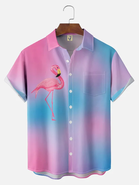 Big Size Moisture-wicking Gradient Flamingo Chest Pocket Hawaiian Shirt