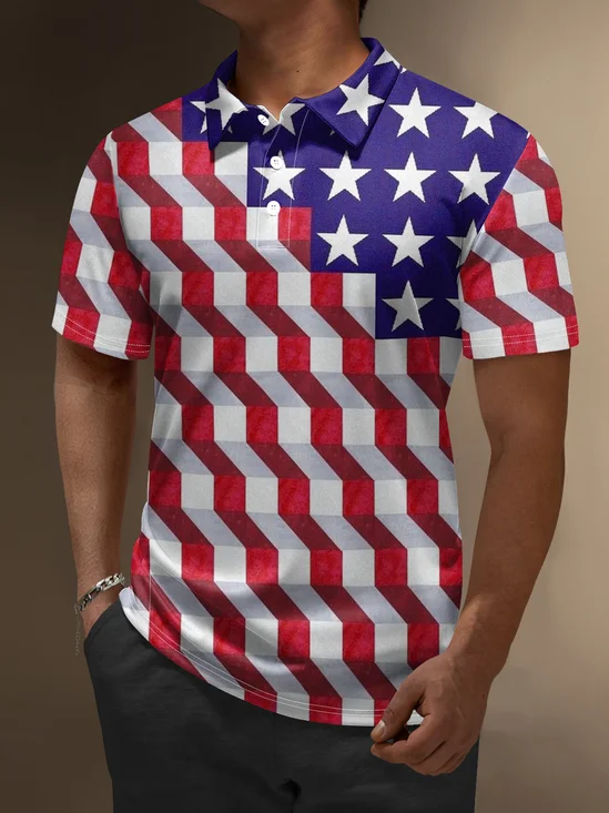 Moisture Wicking 3D Geometric American Flag Short Sleeve Golf Polo