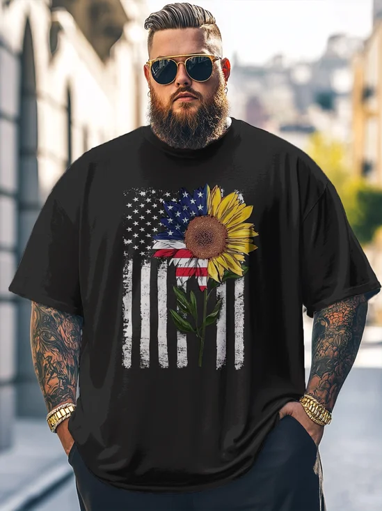 Big Size Men's American Flag Independence Day Sunflower Loose T-shirt