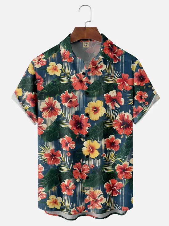 Moisture Wicking Tropical Floral Chest Pocket Hawaiian Shirt