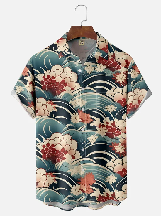 Moisture-wicking Japanese Flower Wave Ukiyo-e Art Chest Pocket Casual Shirt