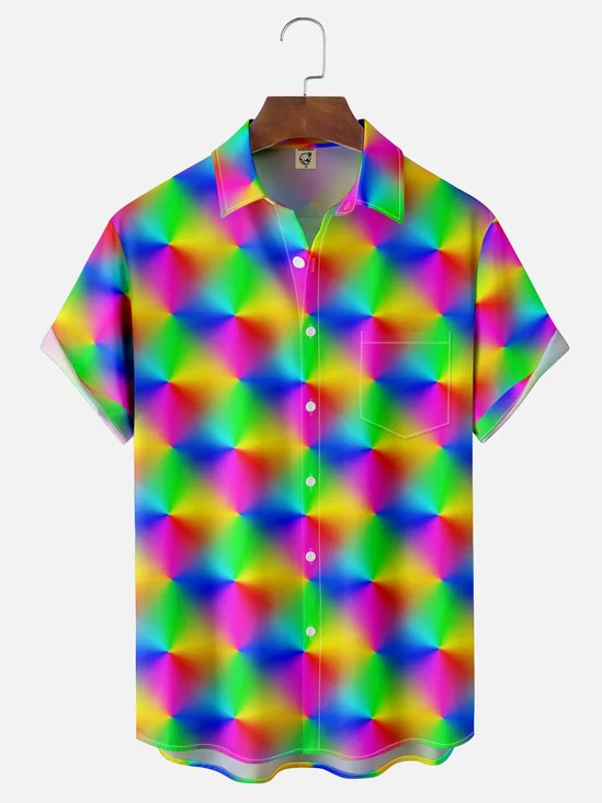 Moisture Wicking Gradient Geometric Color Block Chest Pocket Hawaiian Shirt